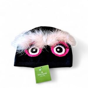 Kate Spade Monster Beanie Knit Hat Black Pink Faux Fur NWT